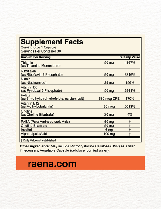 Raena B Essentials Advanced B Vitamin Complex for Energy Mood Metabolism