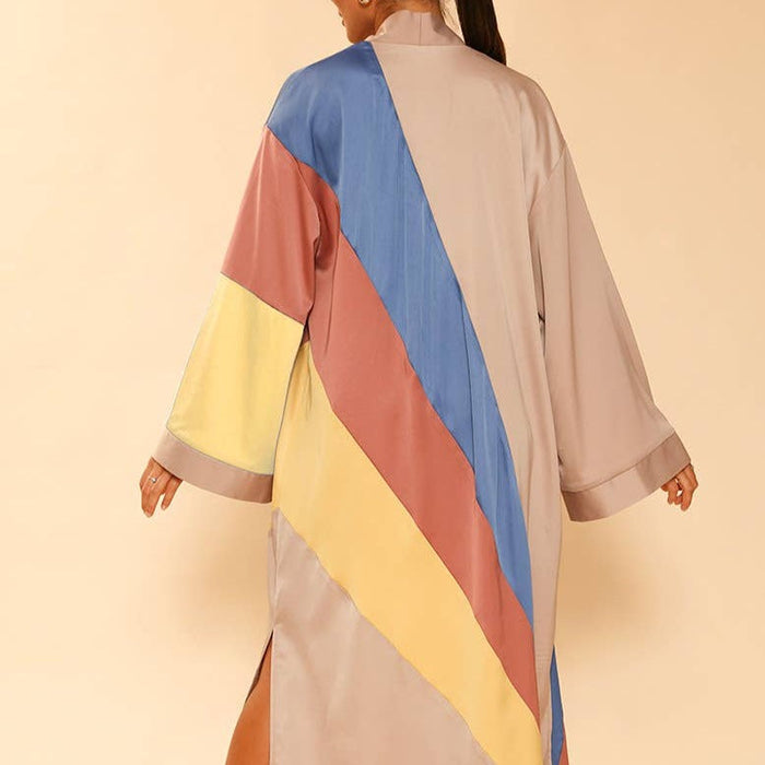 Tan Retro Stripe Kimono Big Long Textured Satin Duster [Size SM & L Remaining]