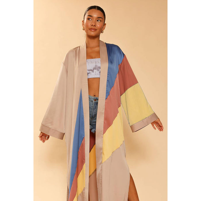 Tan Retro Stripe Kimono Big Long Textured Satin Duster [Size SM & L Remaining]