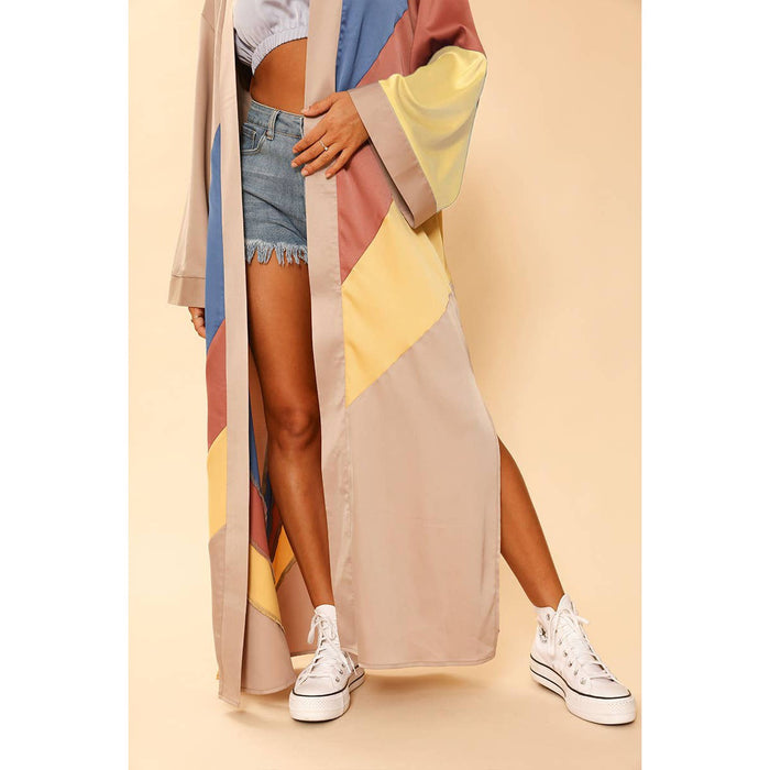 Tan Retro Stripe Kimono Big Long Textured Satin Duster [Size SM & L Remaining]
