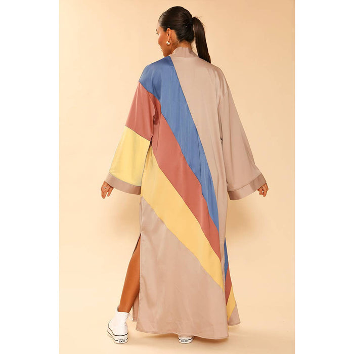 Tan Retro Stripe Kimono Big Long Textured Satin Duster [Size SM & L Remaining]