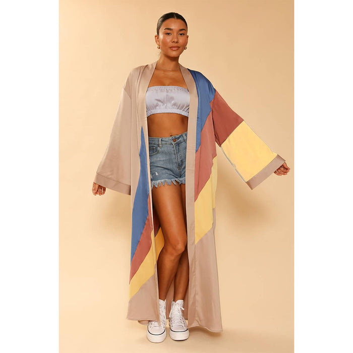 Tan Retro Stripe Kimono Big Long Textured Satin Duster [Size SM & L Remaining]