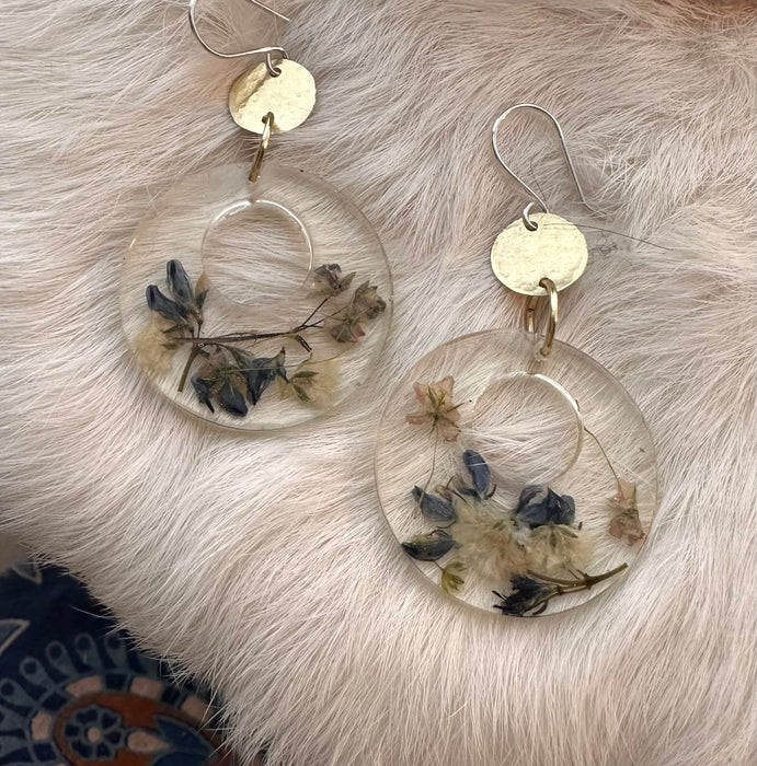 pressed spring flower gold dot earrings